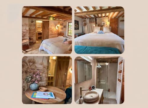 Chambres du Domaine de Blanvatel montrant des chambres aux poutres rustiques, mobilier en bois et salle de bain moderne à Saint Pierre en