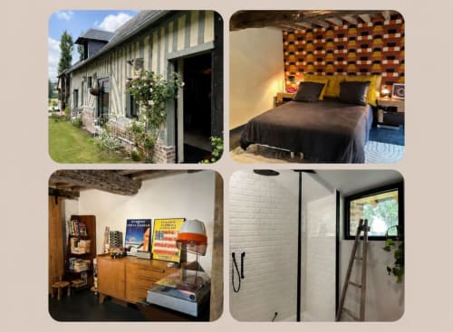 Gîte Domaine de Blanvatel : façade, chambre, commode vintage et salle de bain contemporaine à Saint-Pierre-en-Auge