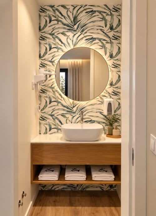 Banheiro moderno da House Park B&B em Esposende com espelho redondo, pia branca e papel de parede tropical