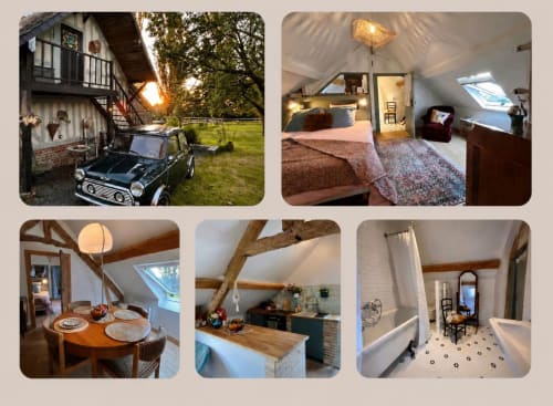 Domaine de Blanvatel, gîte de charme à Saint Pierre en Auge : voiture vintage, chambre, salle à manger, cuisine, salle de bain