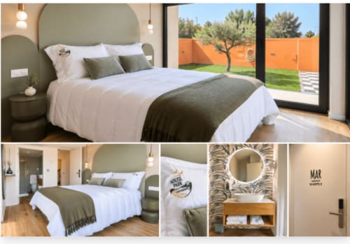 Quarto moderno em House Park em Esposende com vista para rio, roupa de cama branca, acentos verdes e acesso à varanda