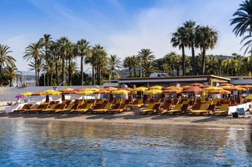 Club de plage à Cannes avec transats jaunes, parasols et palmiers le long de la côte méditerranéenne