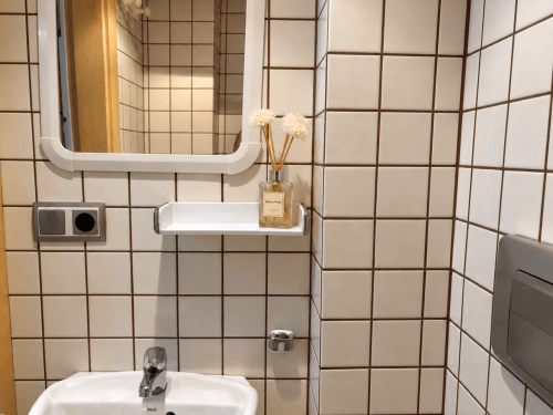 Baño moderno en apartamento Holibai, Baiona con paredes alicatadas, lavamanos blanco, espejo, estantería con flores y toallero.