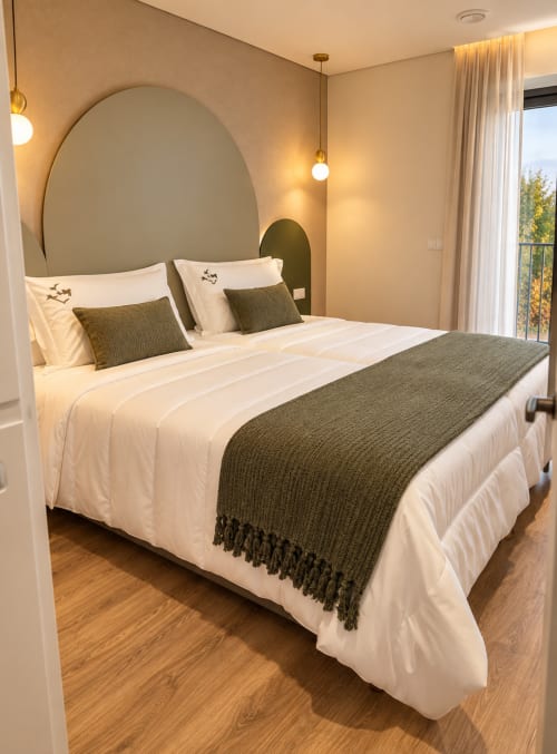 Quarto moderno da House Park BnB em Esposende com cabeceira curva, roupa de cama branca, manta verde e iluminação pendente