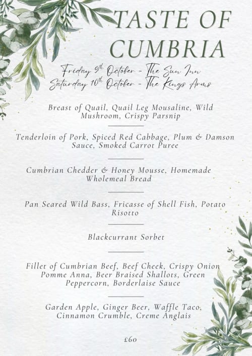 Taste of Cumbria tasting menu at The Sun Inn, Penrith featuring quail, pork, wild bass and Cumbrian beef dishes