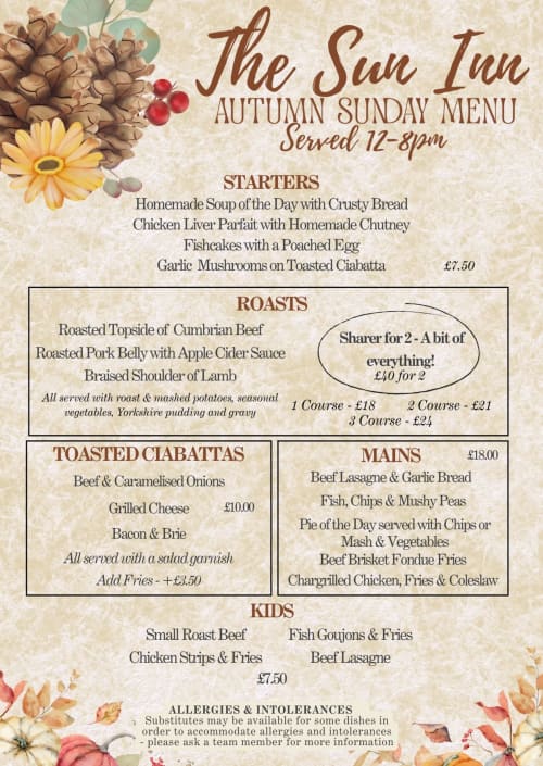 The Sun Inn Autumn Sunday Menu in Penrith featuring roasts, ciabttas, mains, kids options and starters served 12-8pm