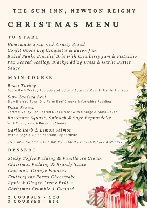 The Sun Inn Christmas menu featuring festive dishes with roast turkey, beef, duck and salmon mains, Newton Reigny, Penrith