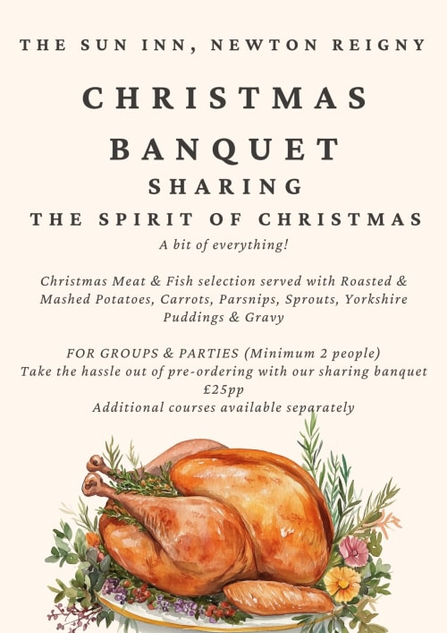 The Sun Inn Newton Reigny Christmas banquet menu featuring roasted turkey with seasonal vegetables