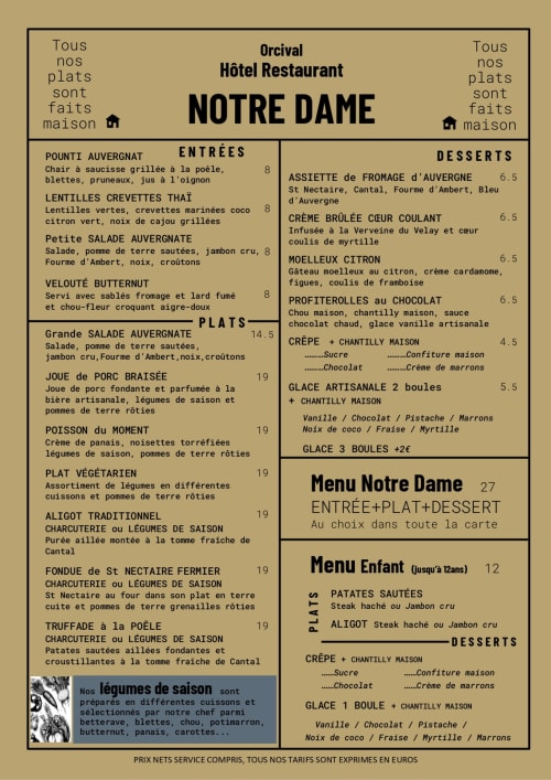 Orcival Hôtel Restaurant Notre Dame menu featuring French entrées, plats, and desserts with pricing in euros