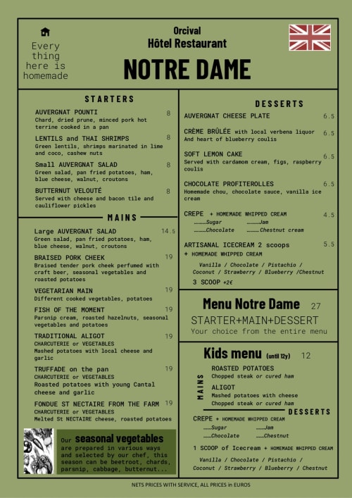 Orcival Hôtel Restaurant Notre Dame menu featuring homemade starters, mains, and desserts with traditional Auvergnat cuisine