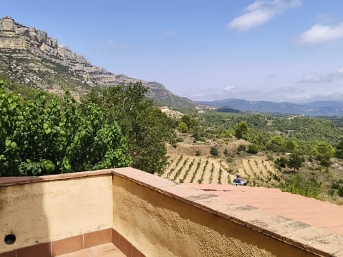 Mountain terrace view at Balcó del Priorat with vineyards, rocky peaks, and lush valleys in Tarragona