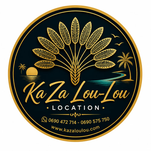 Logo KaZa Lou-Lou avec feuille de palmier dorée et paysage côtier tropical, Capesterre Marie-Galante