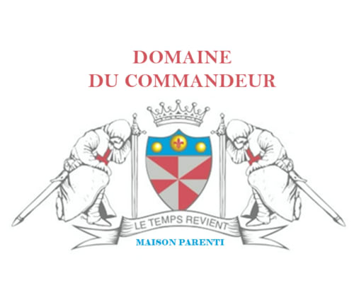Blason héraldique du Domaine Du Commandeur avec chevaliers et écusson, gîte Mondragon France