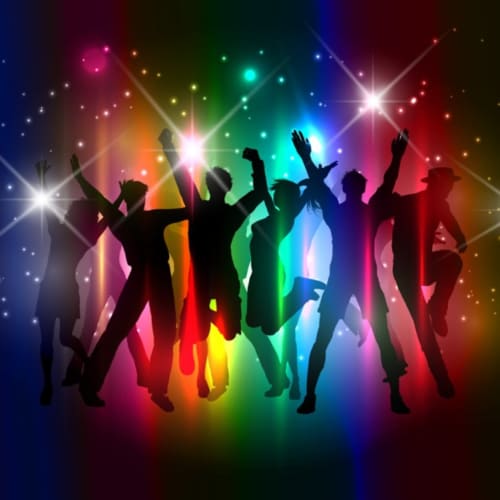 Colorful silhouettes of people dancing at Le Bacalan BnB party in Mormoiron, France