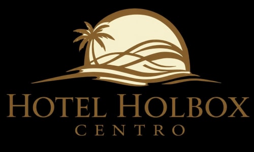 Hotel Holbox Centro logo featuring palm tree and beach waves design for Isla Mujeres accommodation