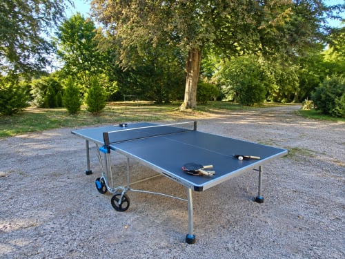 Outdoor ping pong table in park setting at Maison Agami, Rosières aux salines, with trees and recreational facilities.