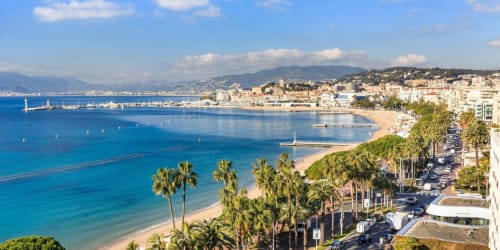 Cannes beachfront with palm trees, sandy beach, blue Mediterranean Sea, and hillside cityscape