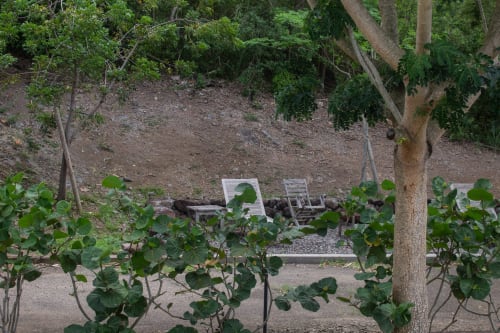 Coin de détente ombragé à l'hôtel INHÉRENCE au Lamentin avec des chaises longues sous les arbres