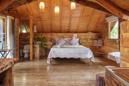 Habitación Yarumo en Sukha Glamping, Ríonegro: interior de madera, cama queen, luces colgantes y vista al jardín
