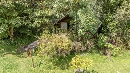 Exuberante jardín en Sukha Glamping de Ríonegro con refugio de madera y paisajismo verde alrededor de la habitación Yarumo