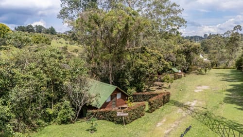 Cabaña de glamping Guayacanes rodeada de exuberante vegetación y jardines verdes en Sukha Glamping, Ríonegro, Colombia