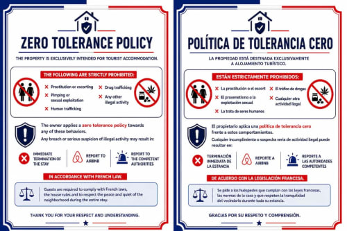 Avis de politique zéro tolérance pour l'appartement La Demeure des Cyprès à Alençon, énumérant les activités interdites et la loi française