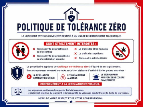 Panneau de politique de tolérance zéro à La Demeure des Cyprès à Alençon, énumérant les activités interdites et règles de la maison.