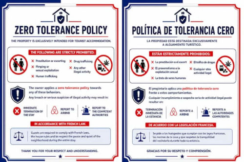 Avis de politique zéro tolérance à l'hôtel La Demeure des Cyprès à Alençon, énumérant les activités interdites et