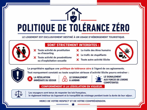 Avis de tolérance zéro pour La Demeure des Cyprès Alençon, détaillant les activités interdites et règlements de la maison