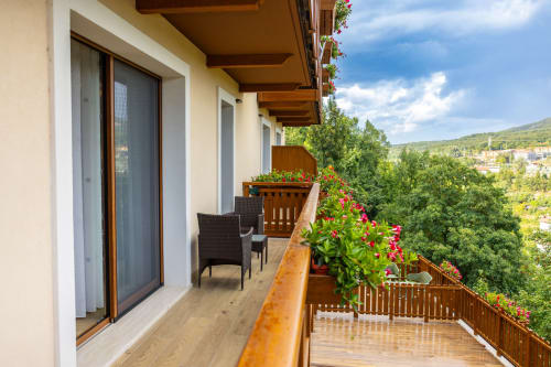 Balcone dell'appartamento a Roccaraso con ringhiera in legno, piante fiorite, arredamento esterno e vista sulla valle montana
