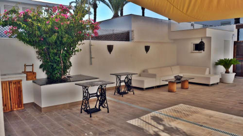 Terraza Cal Xot con asientos, buganvilla florecida y palmeras en Poble Nou del Delta