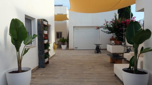 Patio de Cal Xot B&B en Poble Nou del Delta con tarima de madera, paredes blancas, sombrilla amarilla, plantas florales y palmeras en macetas