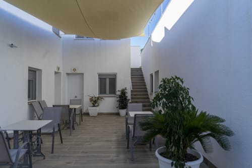 Patio soleado de Cal Xot B&B en Poble Nou del Delta con paredes blancas, terraza de madera, macetas y zonas de descanso