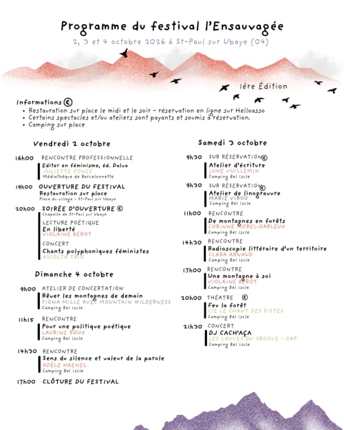 Programme du festival L'Ensauvagée, 2-4 octobre 2026 à Saint Paul sur Ubaye