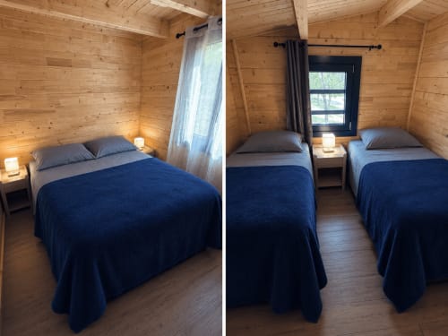 Chambre cosy du lodge en bois de Cabanes et lodges du Belvédère avec lits aux couvertures bleues, tables de nuit et fenêtres sur la montagne