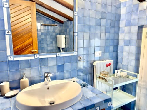 Bagno in moderno stile con piastrelle blu presso Manu Maison, appartamento a Parma, con lavabo tondo, specchio e porta in legno