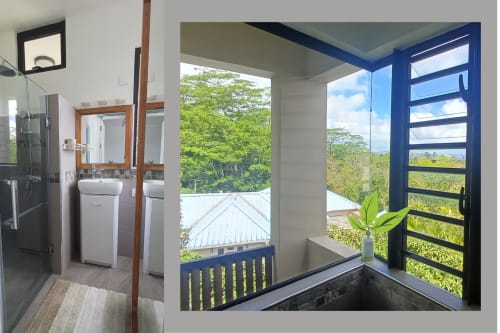 Modern apartment bathroom and balcony with mountain views at Joubarbe Résidence, Moka