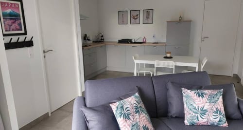Modern open-plan Tokyo Apartment at Résidence des Sables featuring gray sofa with tropical cushions, white dining table, and