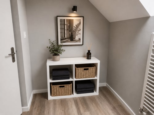 Entrée de loft moderne avec étagères blanches, paniers en osier et décoration minimaliste à La Parenthèse Mancelle, Le Mans