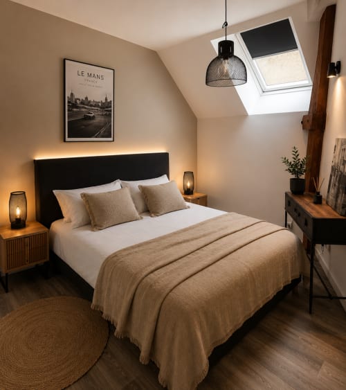 Chambre loft moderne à La Parenthèse Mancelle au Mans : lit noir, luminosité chaleureuse, verrière, vue sur la ville