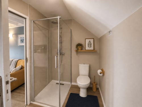 Salle de bain moderne de l'appartement La Parenthèse Mancelle avec douche vitrée, toilettes et accents en bois