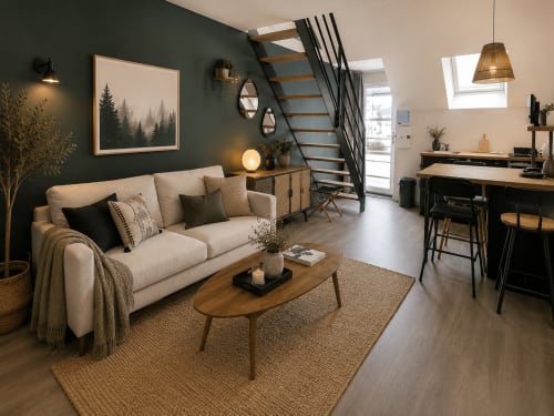 Loft moderne à La Parenthèse Mancelle au Mans avec canapé beige, table basse en bois et escalier vers l'étage
