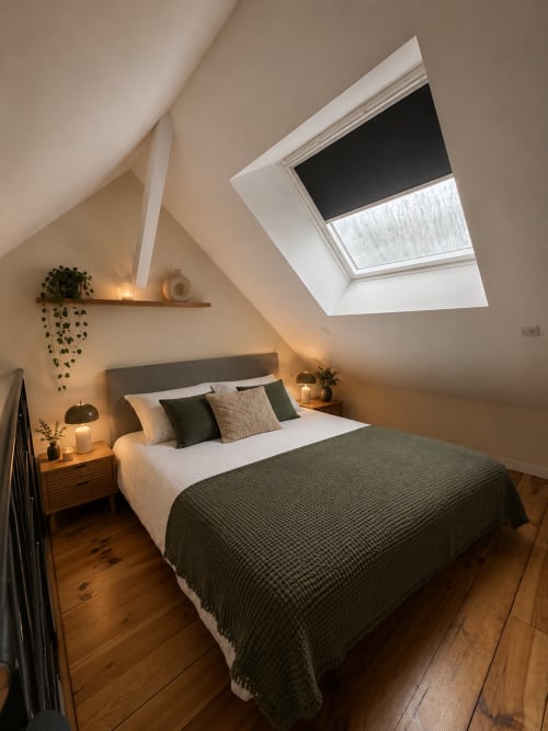 Chambre mansardée douillette à La Parenthèse Mancelle au Mans avec puits de lumière, parquet et éclairage chaleureux
