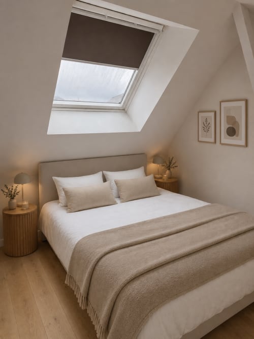 Chambre épurée à La Parenthèse Mancelle au Mans avec puits de lumière, literie neutre, tables de nuit en bois et œuvres murales