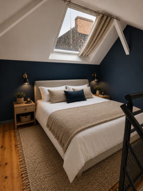 Chambre mansardée élégante à La Parenthèse Mancelle avec lucarne, murs bleu marine et touches de bois naturel
