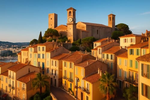 Cannes old town sunset view with terracotta buildings, clock tower, and Mediterranean coastline