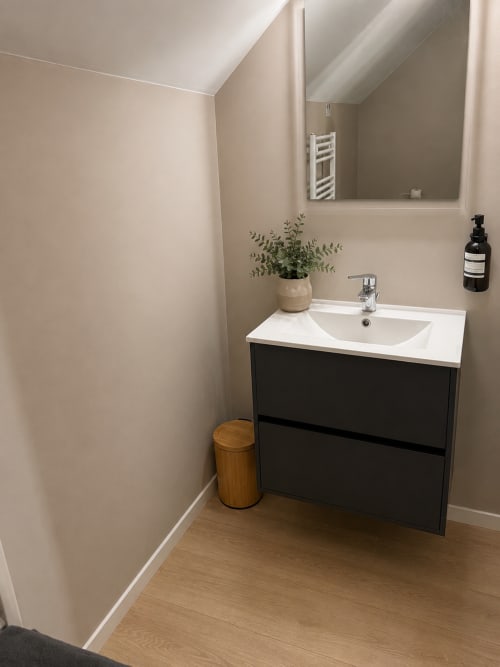 Salle de bain moderne à La Parenthèse Mancelle : vasque blanche, meuble noir, miroir, plante en pot et parquet