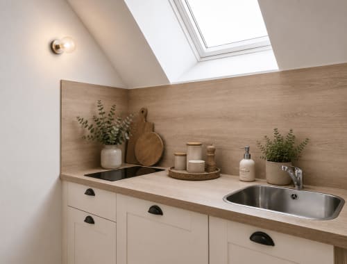 Salle de bain moderne à La Parenthèse Mancelle avec vasque en bois, double lavabo, puits de lumière et décoration naturelle