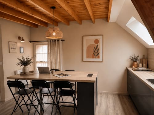 Espace de travail contemporain à La Parenthèse Mancelle B&B au Mans avec poutres apparentes, cuisine et coin bar