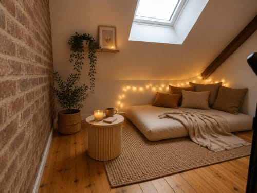 Chambre douillette mansardée à La Parenthèse Mancelle au Mans avec éclairage chaleureux, lit en bois et fenêtres de toit
